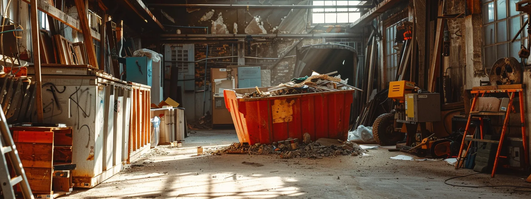 a bright industrial workspace features a prominently sized, well-organized dumpster filled with assorted renovation debris, surrounded by tools and materials, emphasizing the importance of assessing project needs for optimal waste management.