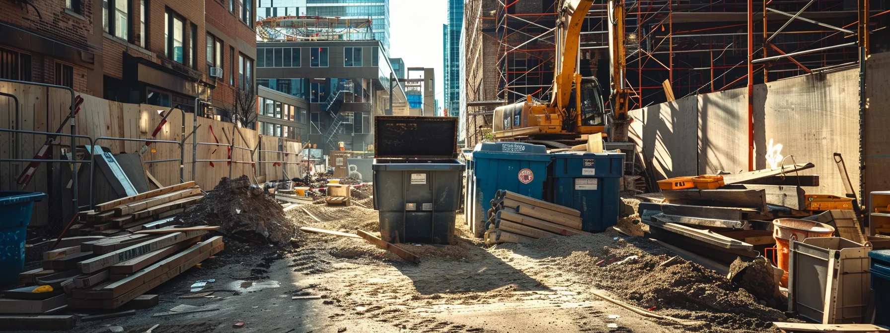 a bright, organized urban construction site showcases a large, efficiently filled dumpster surrounded by various renovation materials, emphasizing the importance of proper waste management and local compliance during projects.