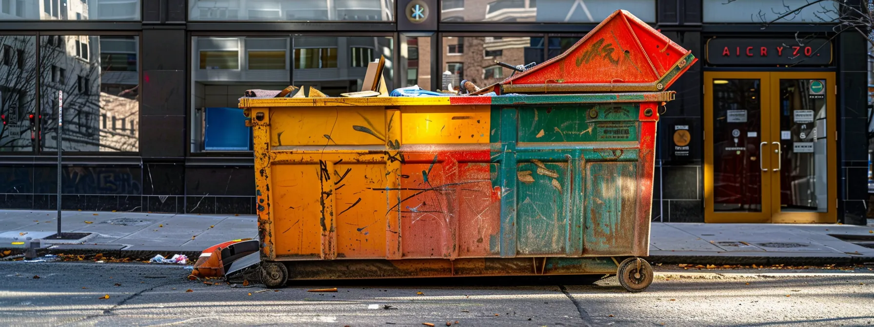 a brightly colored, oversized dumpster prominently sits on an urban street surrounded by construction materials and tools, illustrating the essentiality of choosing the right rental service for various home renovation projects.