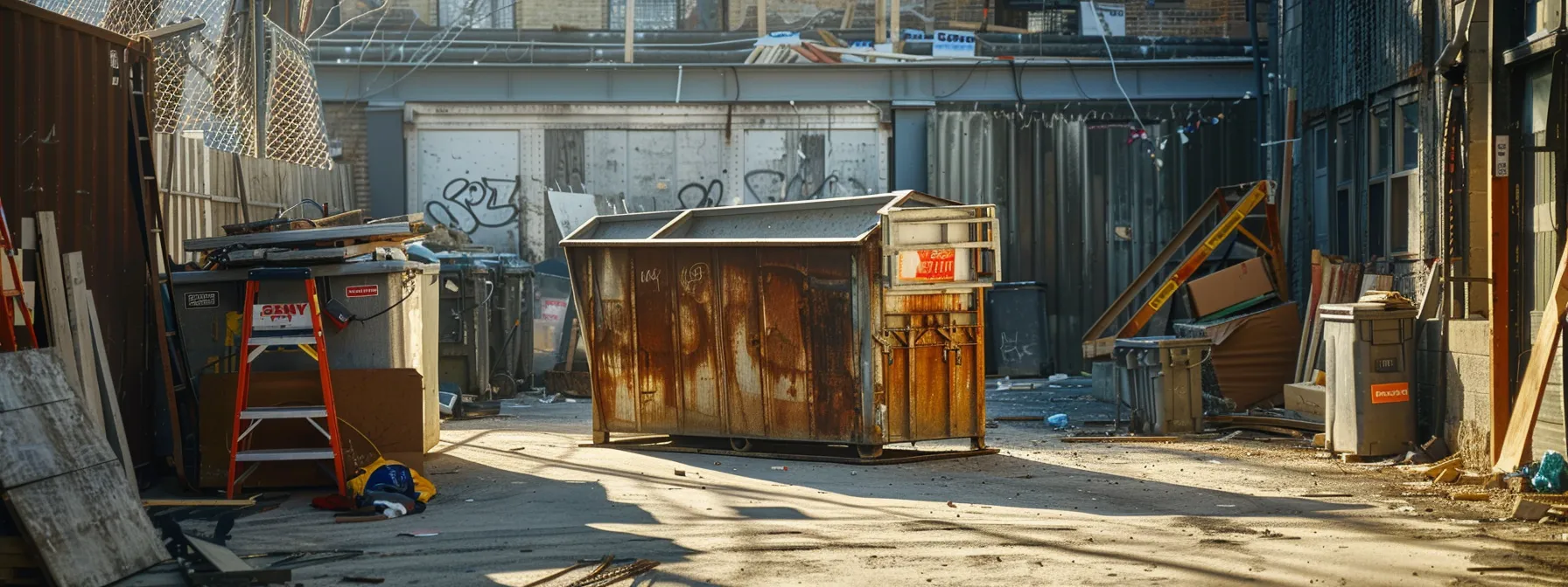 a large construction dumpster sits prominently on an urban construction site in yonkers, surrounded by various building materials and tools, emphasizing the importance of selecting the right size for project efficiency and safety.