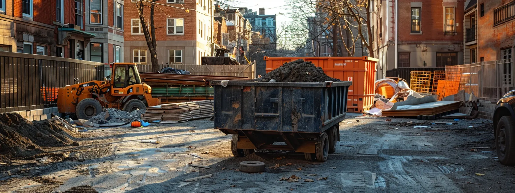 a large, well-organized dumpster prominently displayed in an urban setting in yonkers, surrounded by a partially renovated home and construction materials, highlighting the practicality of selecting the right dumpster size for renovation projects.