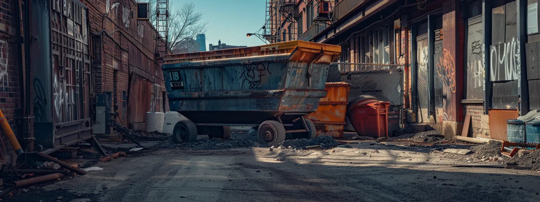 a prominently displayed construction dumpster of varied dimensions is set against an urban backdrop in yonkers, showcasing its robust structure and suitability for diverse renovation projects.