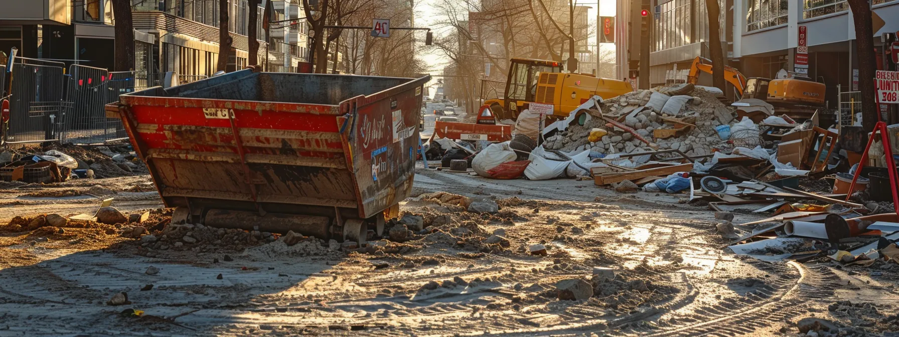 a robust, brightly colored dumpster sits prominently on a bustling urban street, surrounded by renovation debris and construction materials, illustrating the crucial role of selecting the right dumpster size for efficient home renovation projects.