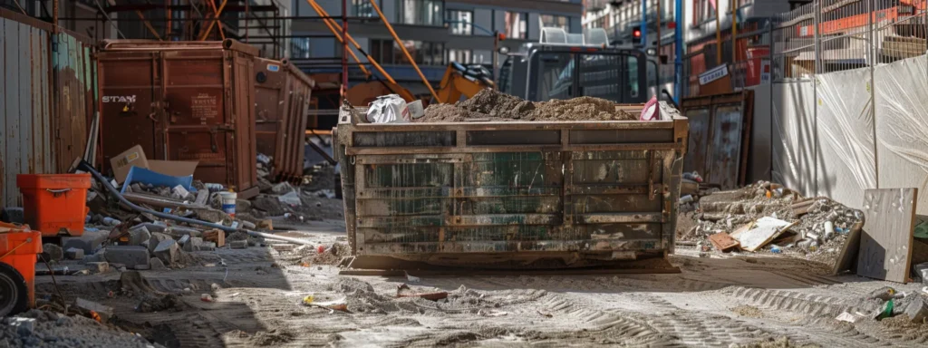 a robust construction dumpster, prominently positioned in an urban setting, showcases a variety of materials ready for disposal, emphasizing the practical use of different sizes for efficient waste management in a renovation project.