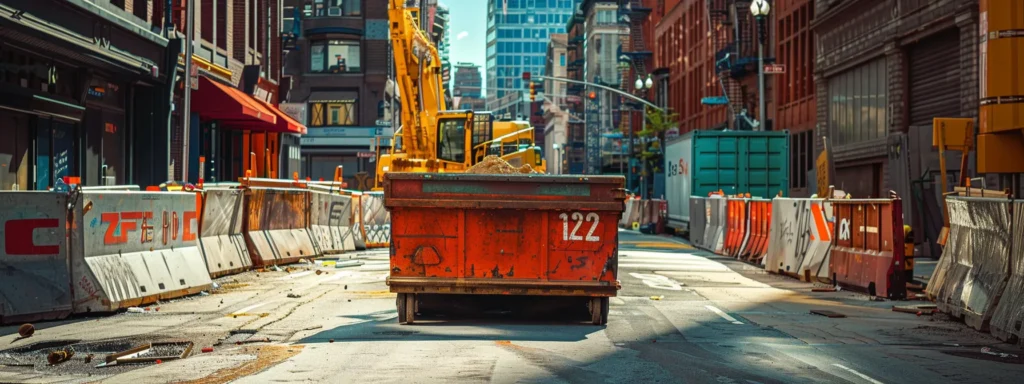 a sturdy, brightly colored construction dumpster sits prominently on a bustling urban street in yonkers, surrounded by ongoing building projects and construction equipment, highlighting its essential role in the city's development.