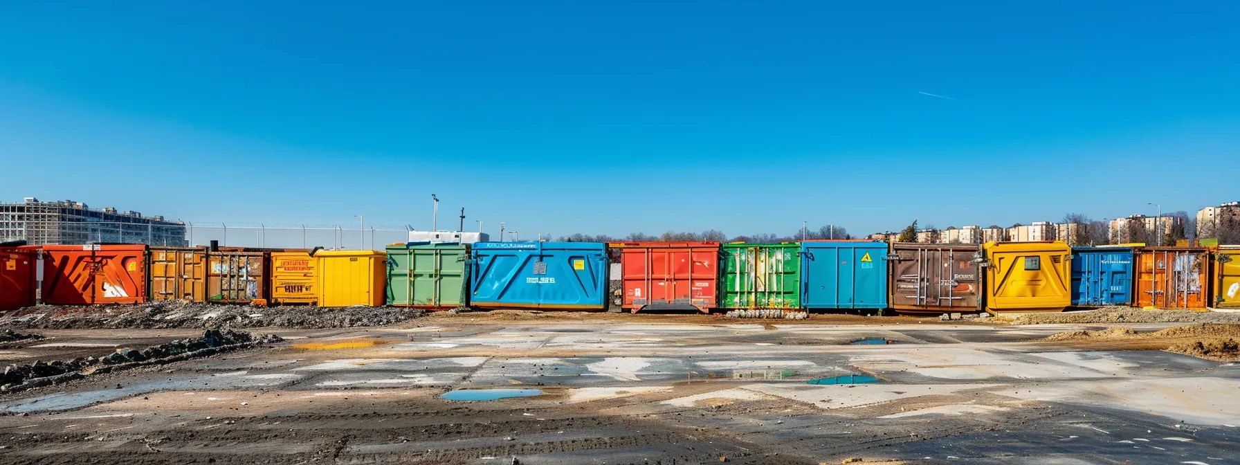 a vibrant construction site in yonkers features a prominently placed, multi-colored dumpster brimming with sorted materials, emphasizing efficient waste management and eco-friendly practices under a clear blue sky.