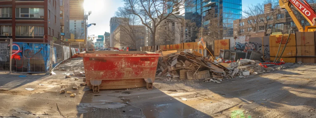 a vibrant, oversized dumpster is prominently positioned in a bustling urban construction site, surrounded by scattered renovation debris and tools, effectively showcasing its practical size and versatility for home renovation projects.
