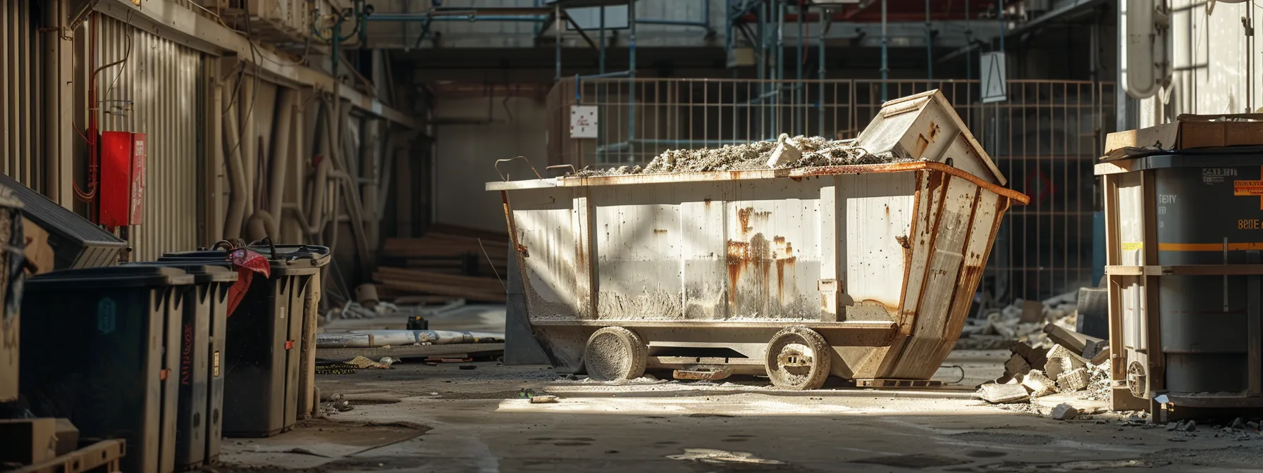 an industrial scene in an urban construction site showcases a robust, empty dumpster prominently positioned amidst various construction materials, emphasizing the importance of sizing for efficient waste management.