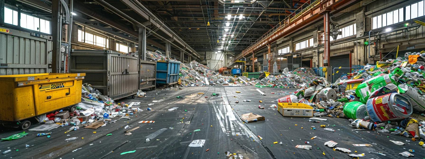a cluttered waste management facility in yonkers, showcasing the organized separation of recyclables, hazardous materials, and debris, all under bright fluorescent lights, emphasizing the theme of efficient sorting for cost-effective dumpster rentals.