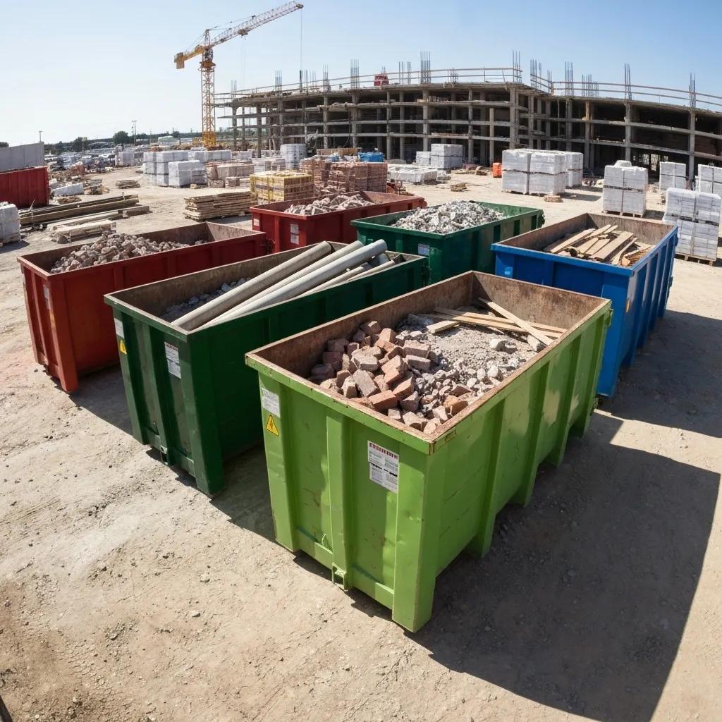 Various dumpster sizes shown at a construction site, illustrating their uses for different projects