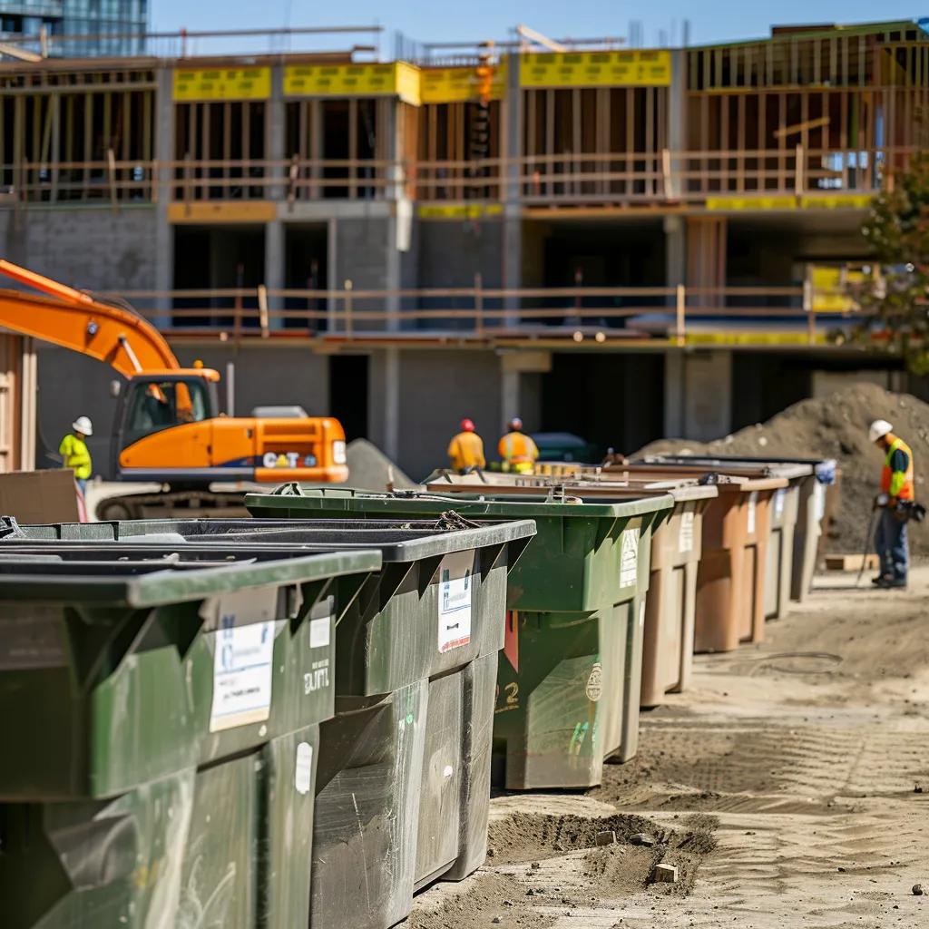Lineup of roll-off dumpsters of various sizes at a construction site in Yonkers