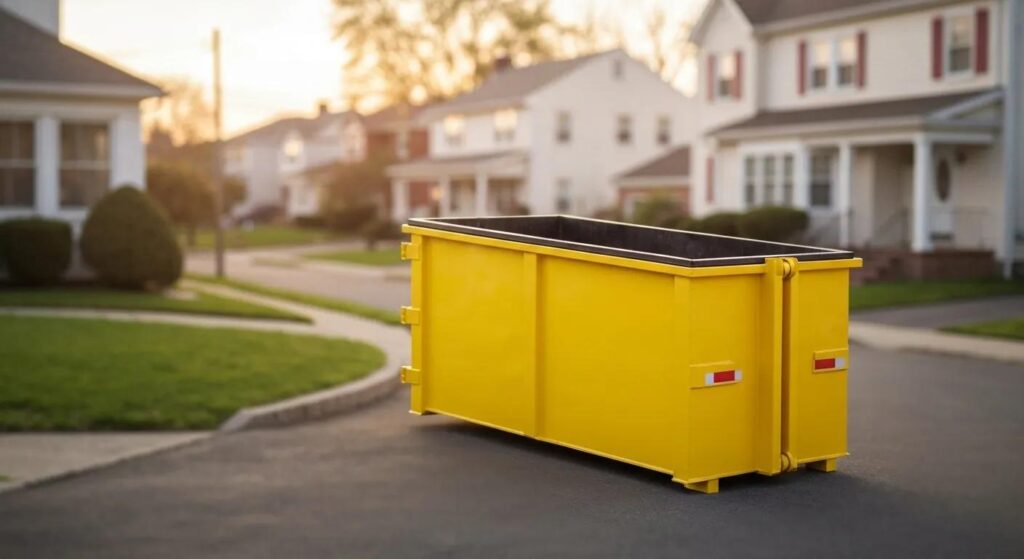 Yonkers dumpster rental service featuring a bright yellow dumpster in a residential neighborhood