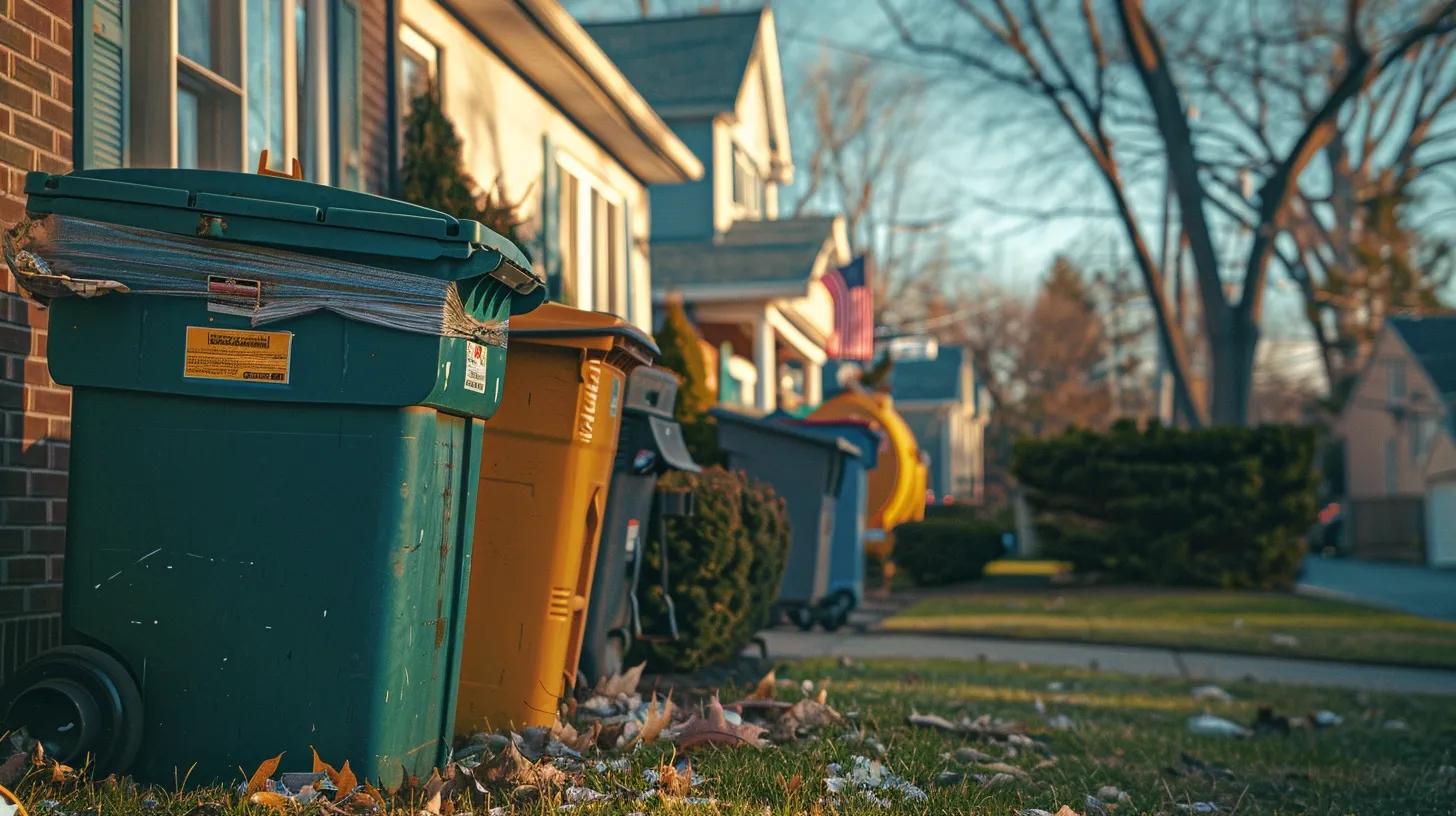 a clean, urban setting showcases a brightly colored yard waste dumpster prominently parked outside a well-maintained home, with clear signage indicating competitive rental pricing and environmental responsibility, emphasizing an efficient and eco-friendly waste disposal solution.