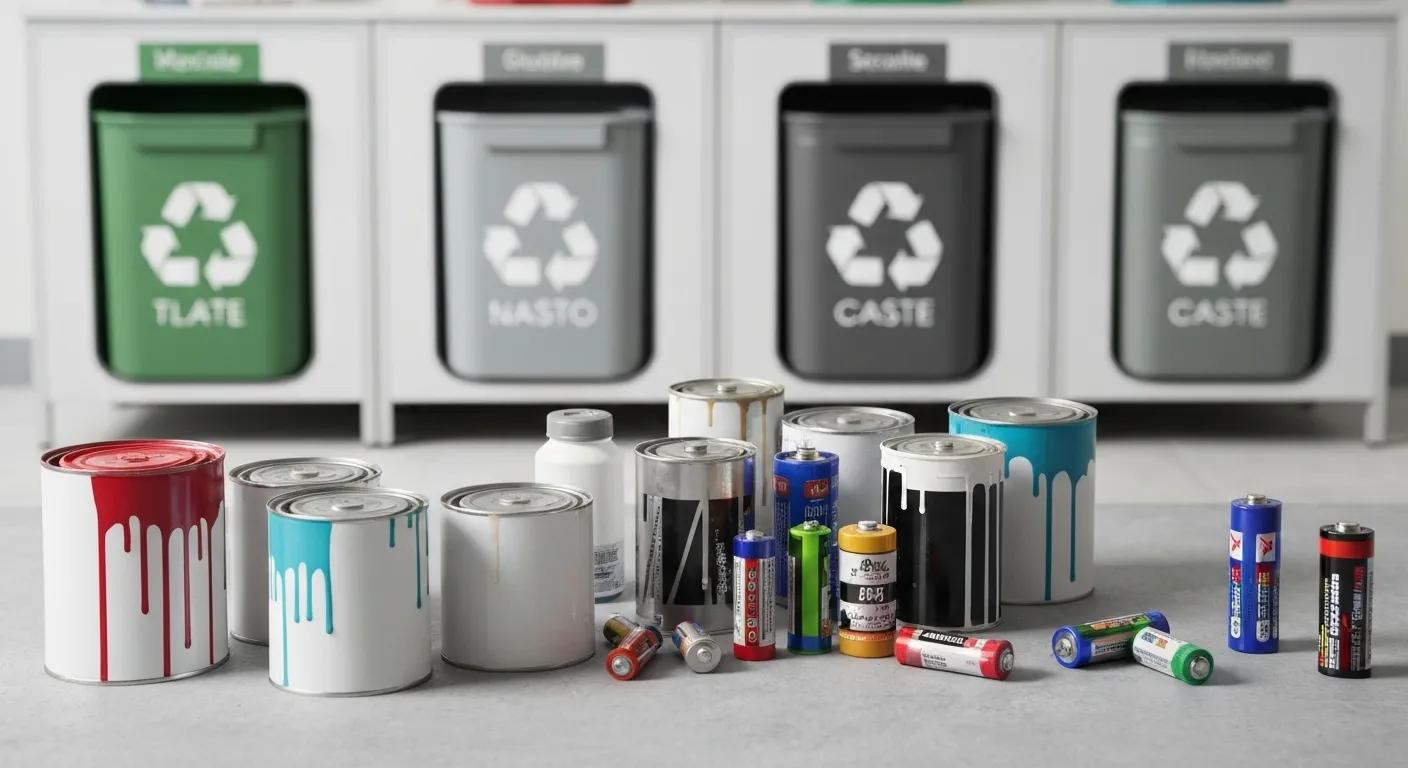 A collection of hazardous waste items like paint cans and batteries, highlighting safe disposal methods