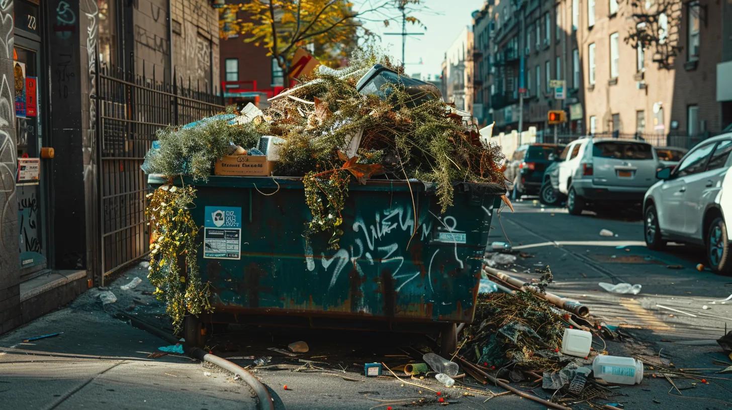 a clean, organized urban dumpster filled with neatly sorted yard waste, including tree trimmings and grass clippings, sits prominently against a backdrop of a yonkers city street, emphasizing the importance of proper waste disposal regulations.