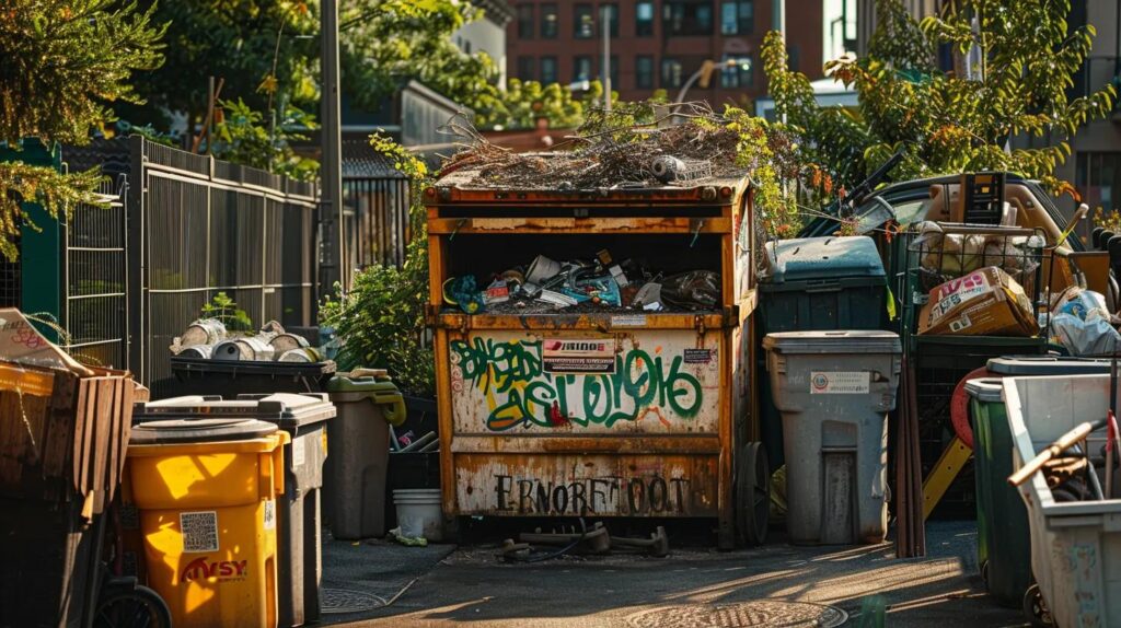 a bright and organized urban setting showcases a large, brightly colored dumpster prominently labeled for yard waste, surrounded by neatly stacked garden tools and landscaping debris, conveying a sense of efficient waste management services for yonkers residents.