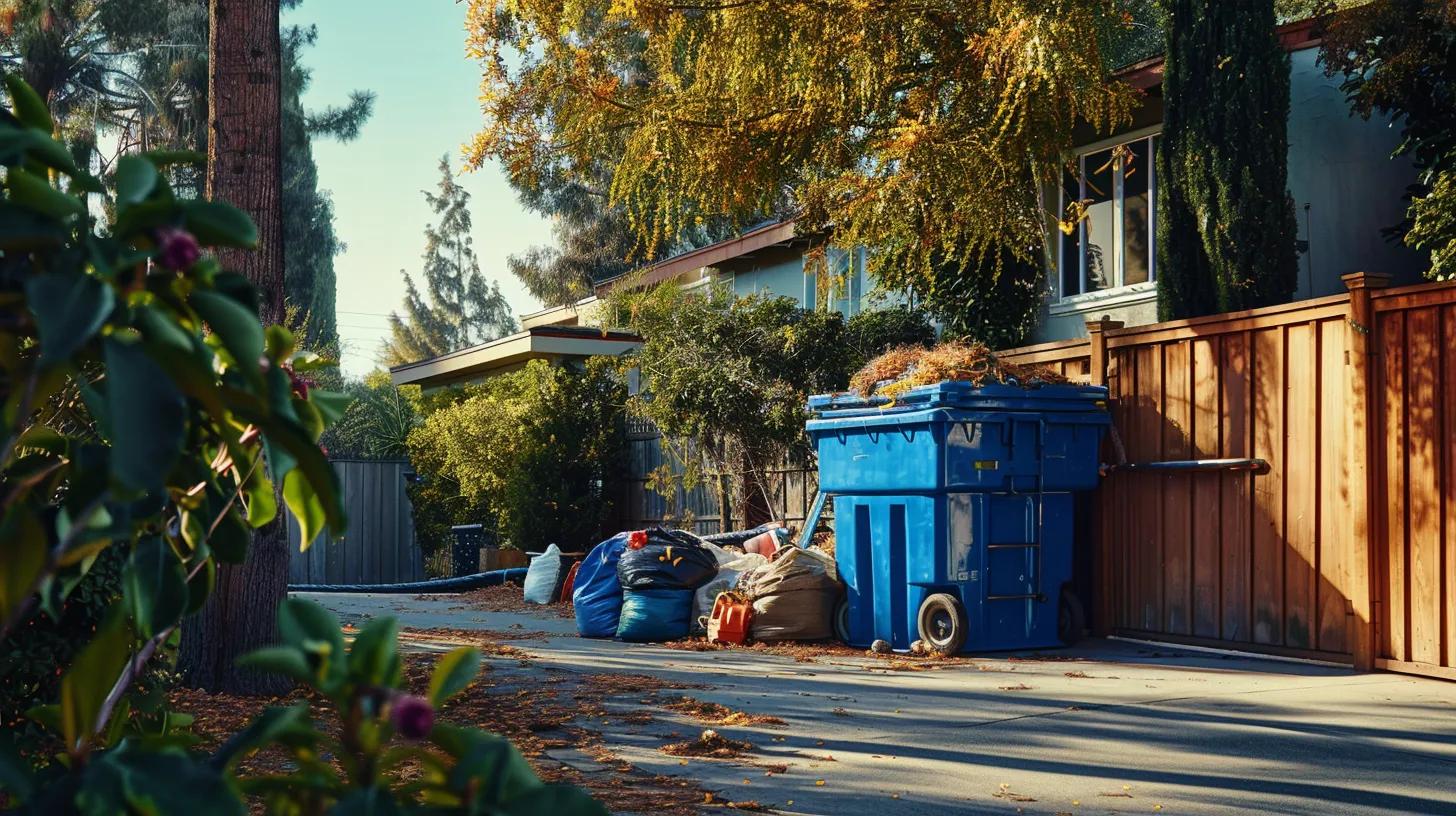 a modern urban setting features a sizable, bright blue yard waste dumpster prominently placed on a clean, paved driveway, surrounded by neatly organized tools and bags of yard debris, conveying the efficiency and convenience of waste management solutions.