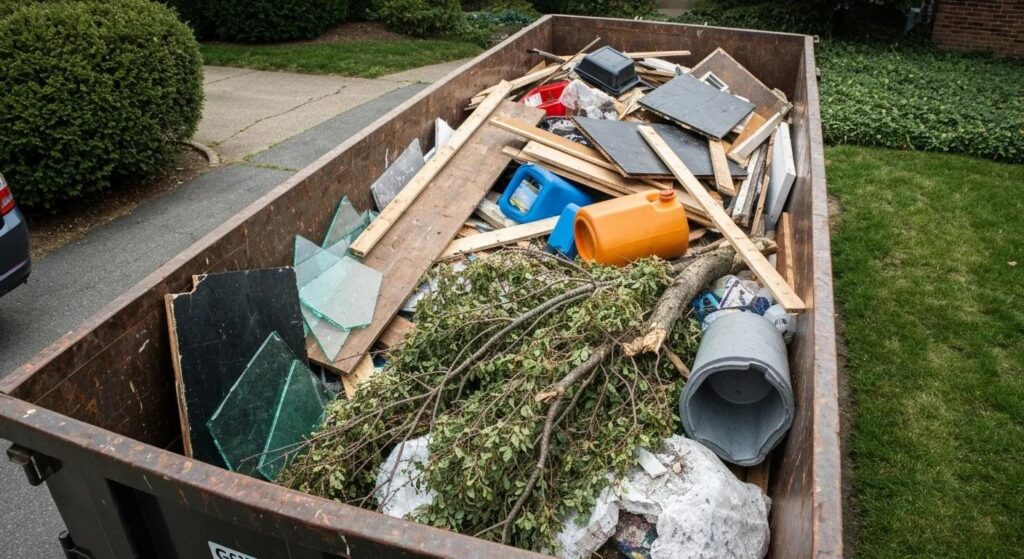 A residential dumpster in a Yonkers driveway, loaded with renovation debris and yard waste
