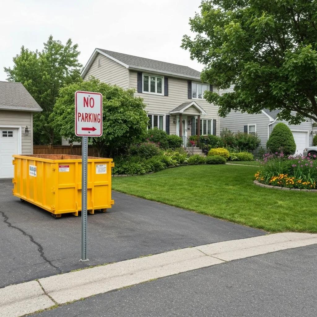 A residential dumpster in a driveway next to a 'No Parking' sign, highlighting potential permit needs