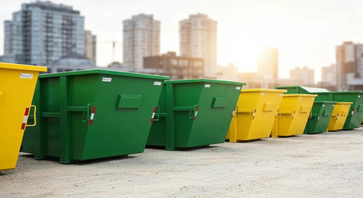 Various sizes of residential dumpsters lined up, showcasing different capacity options for rent