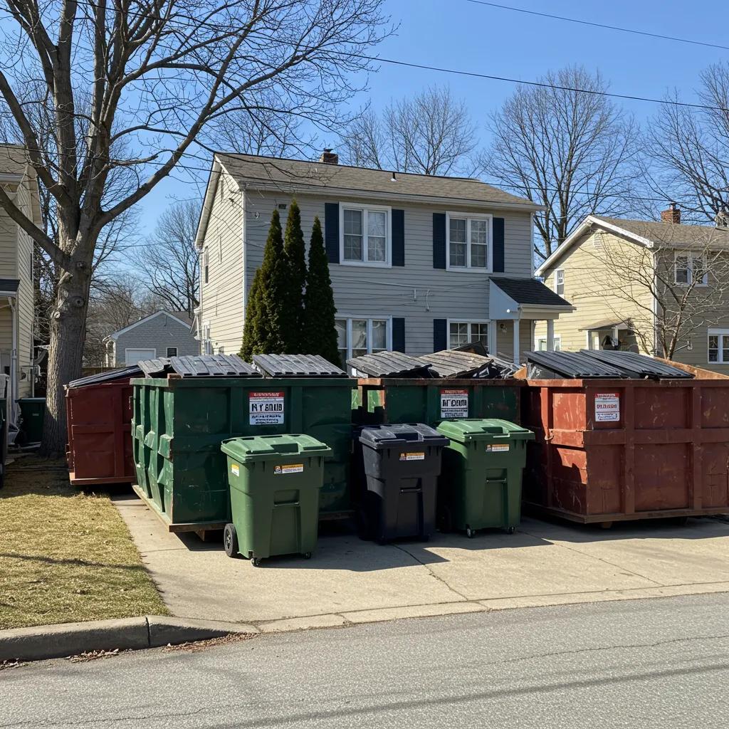 Colorful dumpsters in a residential area of Yonkers, highlighting rental options for various projects