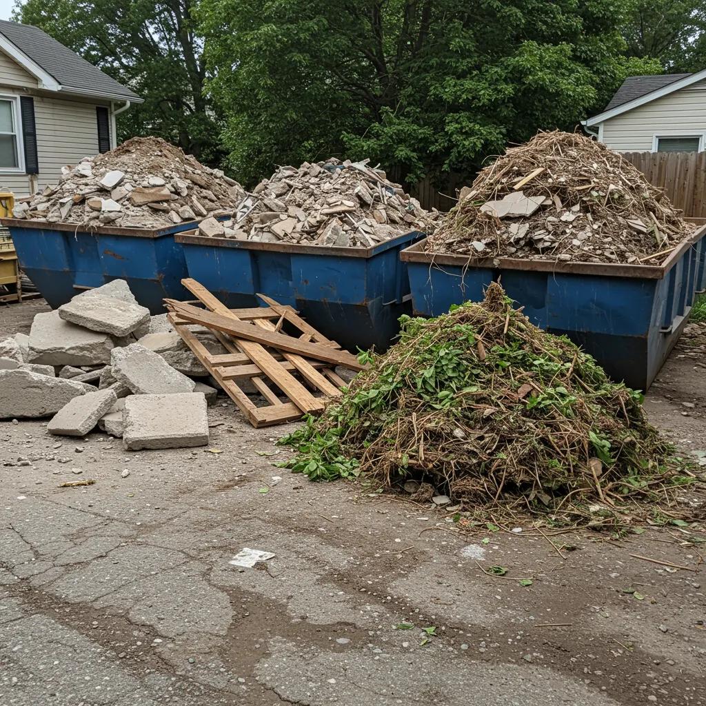 Different types of debris including concrete, wood, and yard waste arranged around a dumpster, highlighting disposal considerations